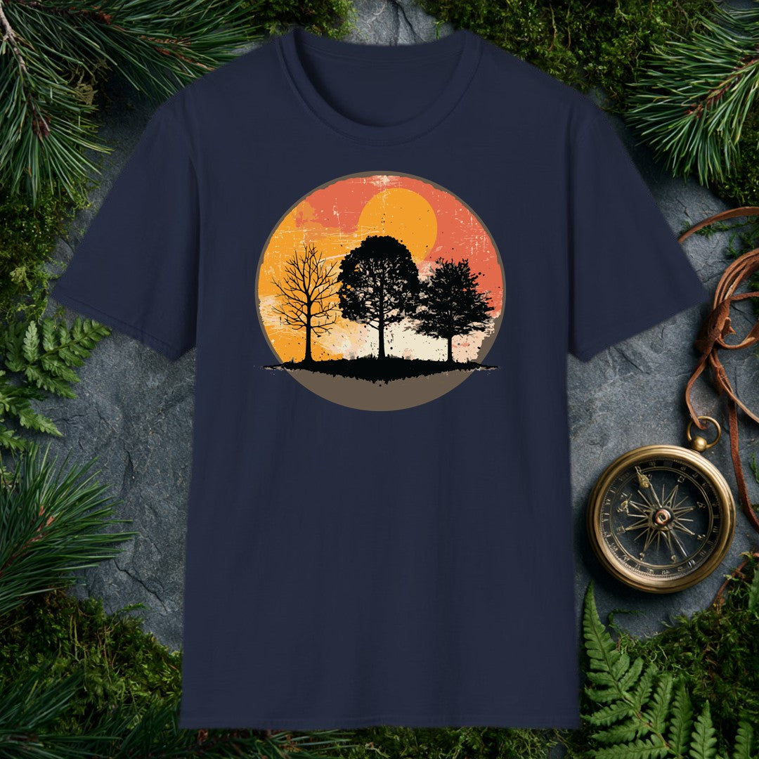 three tree silhouettes against a distressed amber and rust circular sunset, grunge texture, warm orange tones