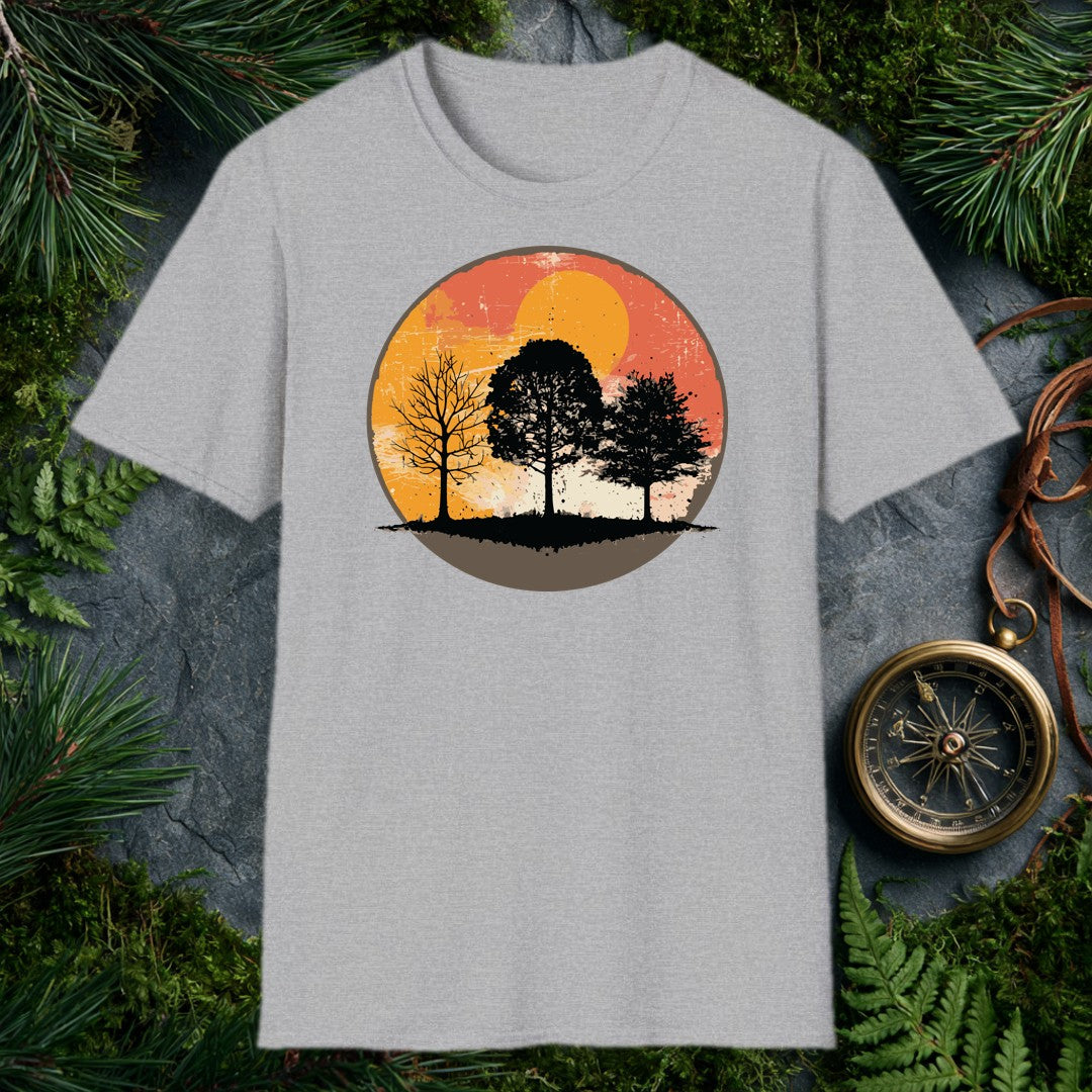 three tree silhouettes against a distressed amber and rust circular sunset, grunge texture, warm orange tones