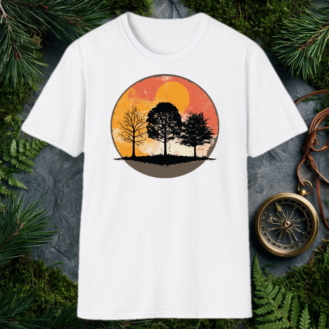 three tree silhouettes against a distressed amber and rust circular sunset, grunge texture, warm orange tones