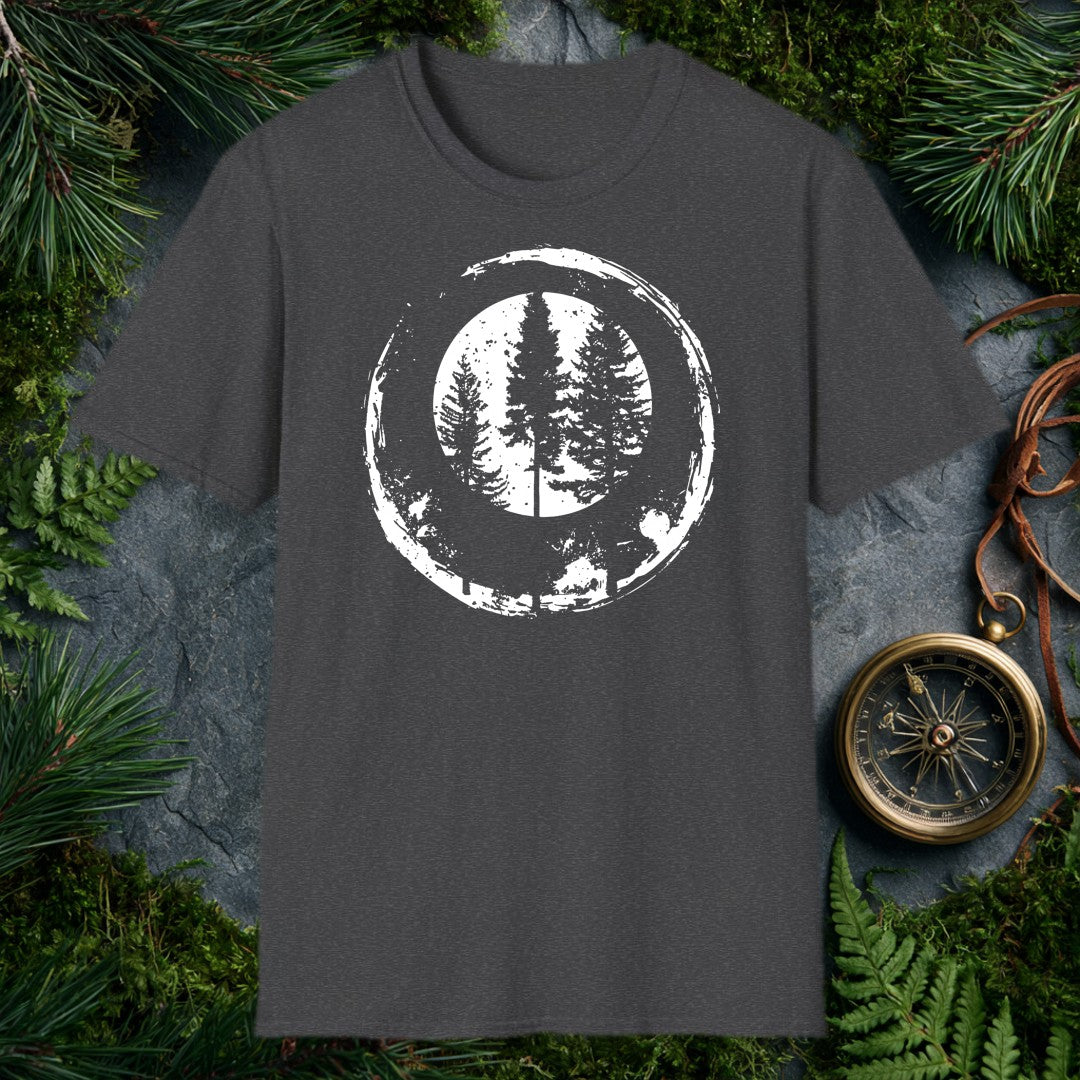 Two tall conifers rise side by side inside a distressed ink circle — the kind of view you stop mid-trail just to take in. Made for the person who measures a…