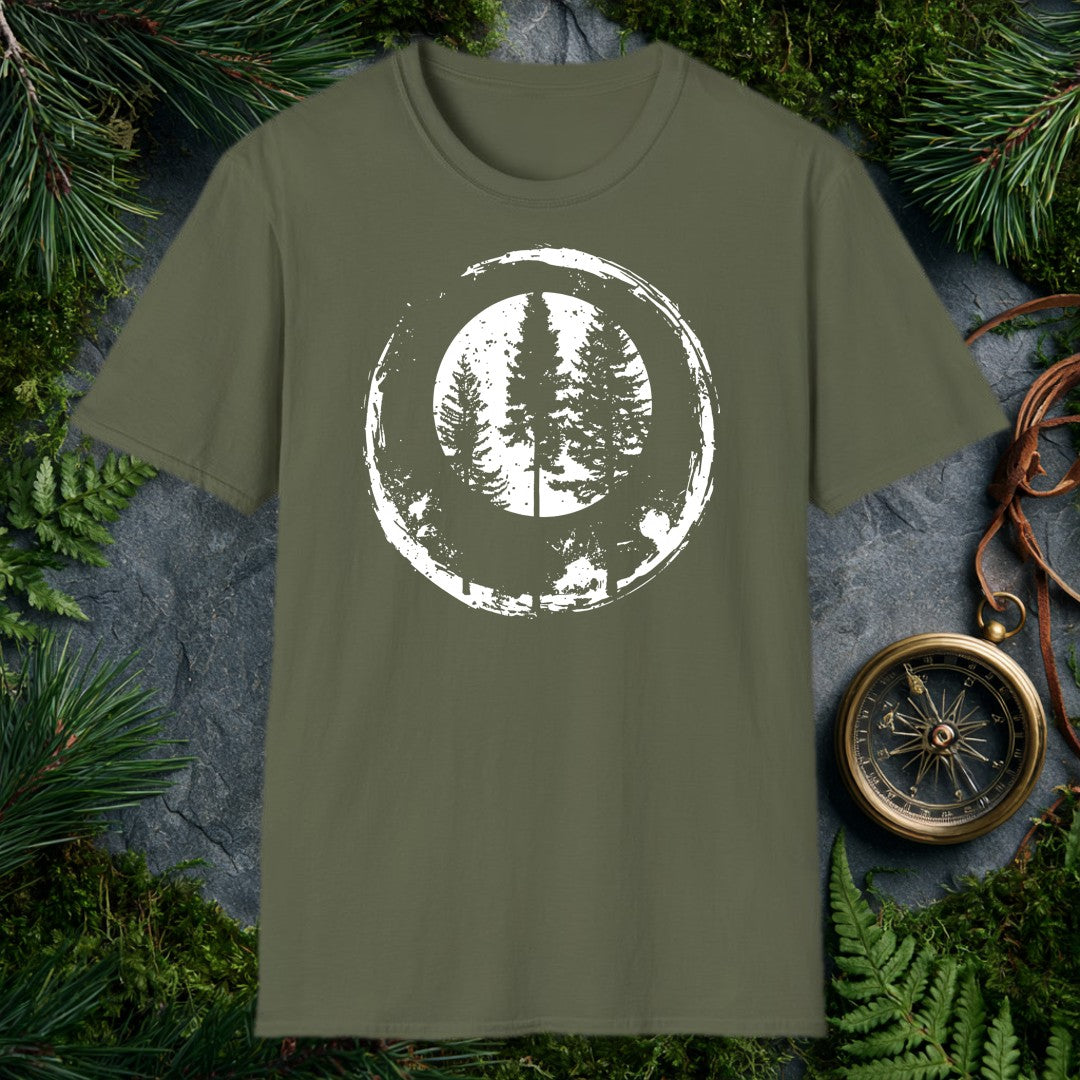 Two tall conifers rise side by side inside a distressed ink circle — the kind of view you stop mid-trail just to take in. Made for the person who measures a…
