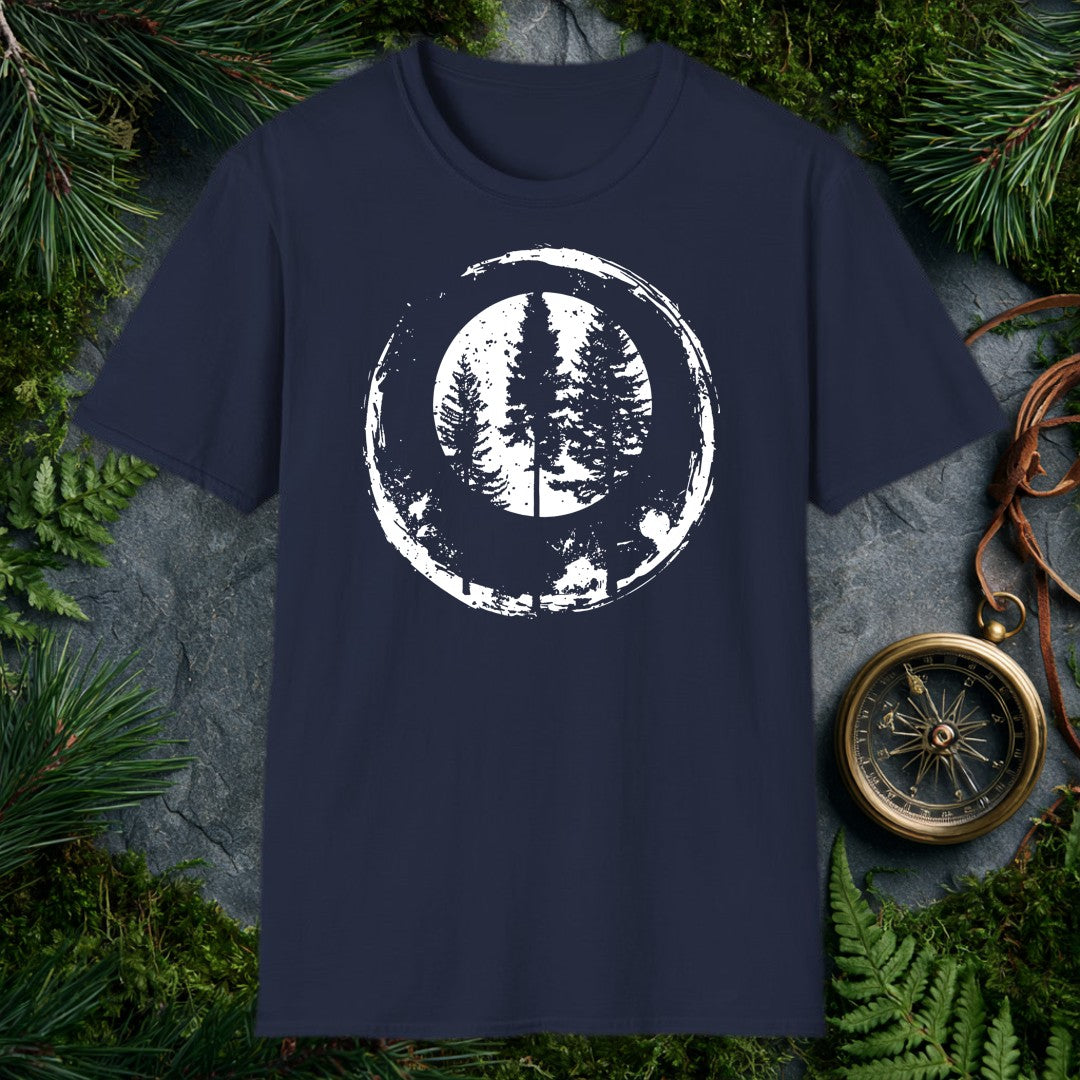 Two tall conifers rise side by side inside a distressed ink circle — the kind of view you stop mid-trail just to take in. Made for the person who measures a…