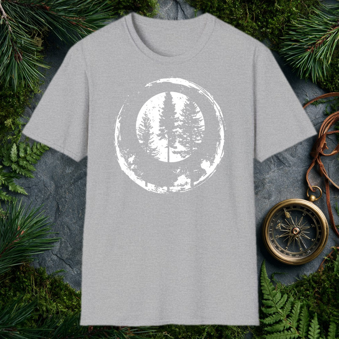 Two tall conifers rise side by side inside a distressed ink circle — the kind of view you stop mid-trail just to take in. Made for the person who measures a…