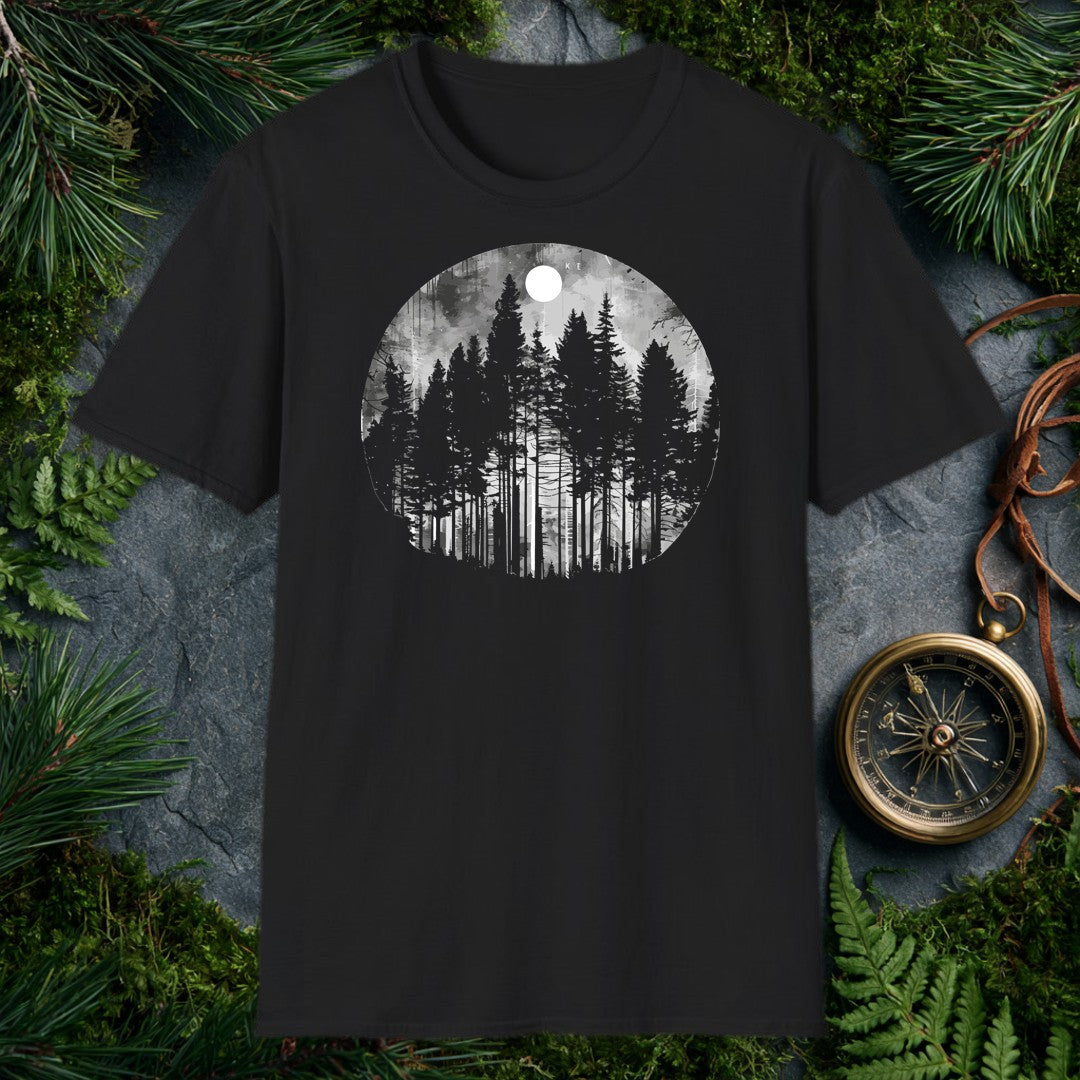 grayscale watercolor circle of tall snow-dusted evergreen pines beneath a full white moon, misty forest atmosphere