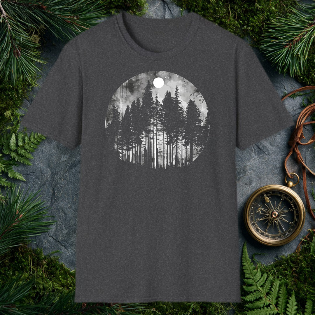 grayscale watercolor circle of tall snow-dusted evergreen pines beneath a full white moon, misty forest atmosphere