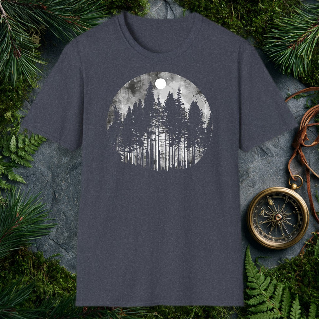 grayscale watercolor circle of tall snow-dusted evergreen pines beneath a full white moon, misty forest atmosphere