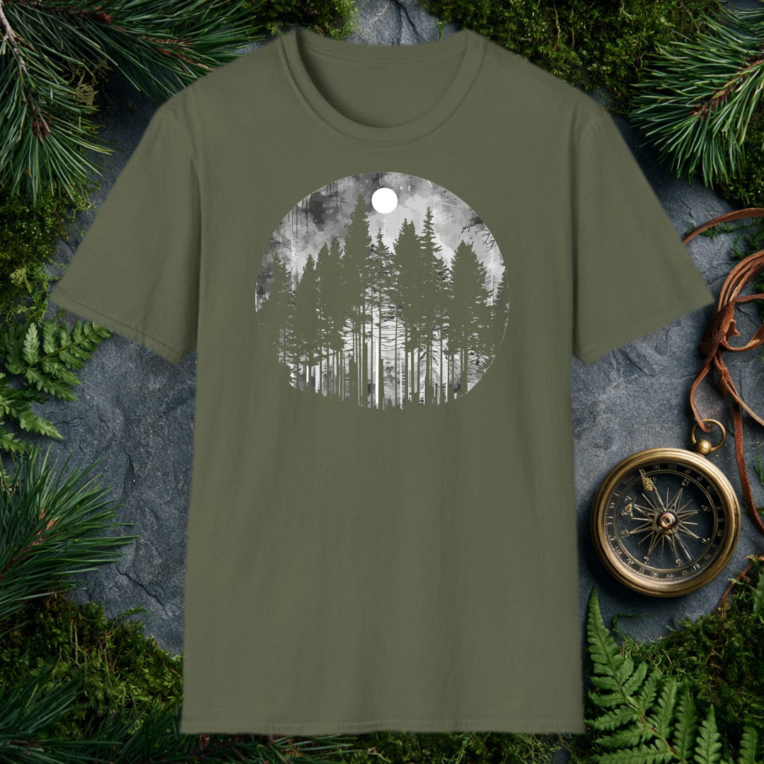 grayscale watercolor circle of tall snow-dusted evergreen pines beneath a full white moon, misty forest atmosphere