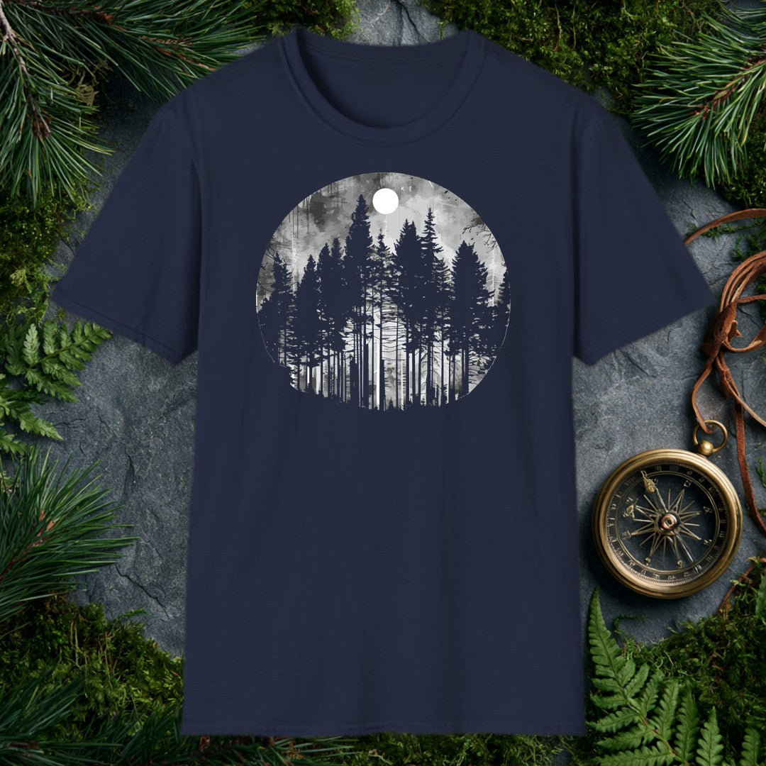 grayscale watercolor circle of tall snow-dusted evergreen pines beneath a full white moon, misty forest atmosphere