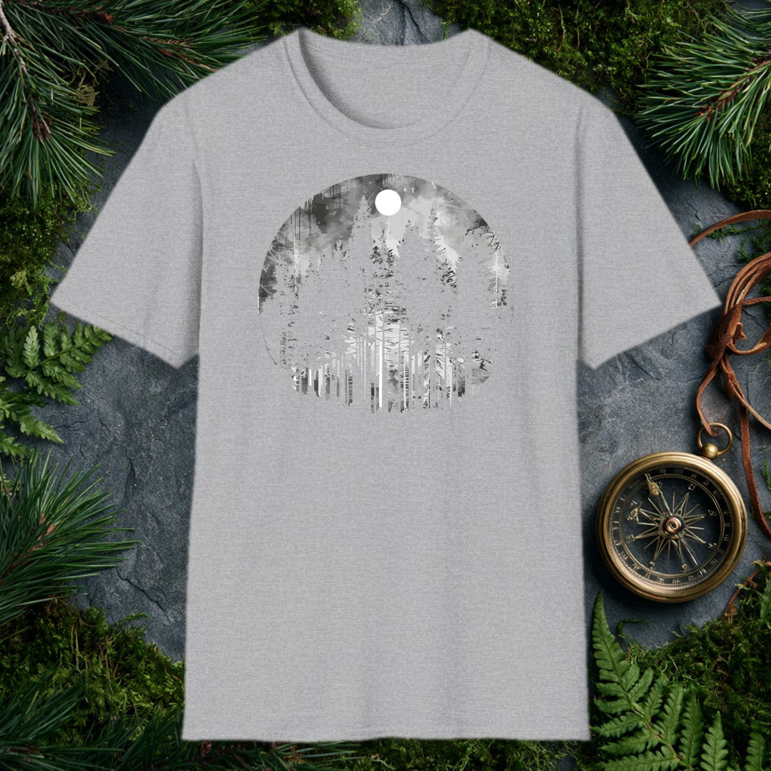 grayscale watercolor circle of tall snow-dusted evergreen pines beneath a full white moon, misty forest atmosphere