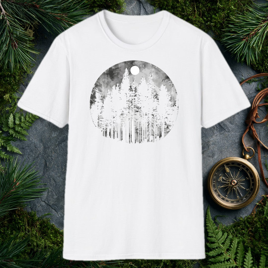 grayscale watercolor circle of tall snow-dusted evergreen pines beneath a full white moon, misty forest atmosphere