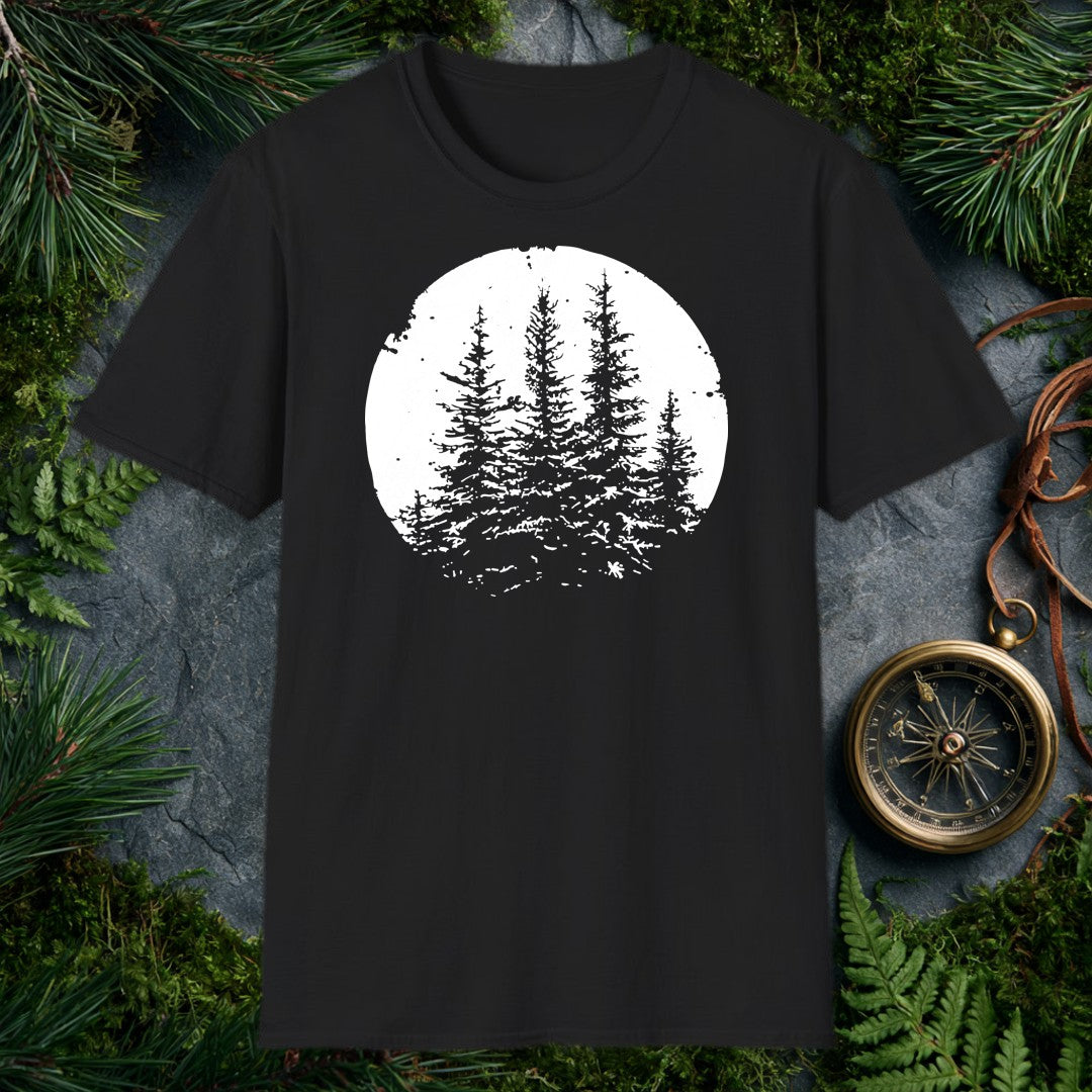 Three snow-laden spruce trees rise against a deep black sky, framed in a worn circular vignette — made for the person who knows what a cold, quiet forest…