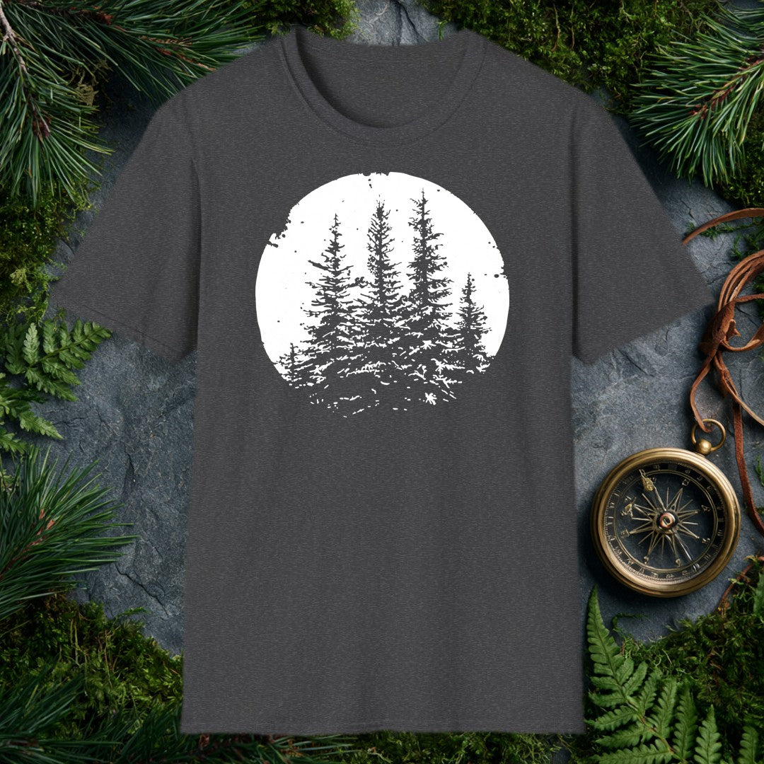 Three snow-laden spruce trees rise against a deep black sky, framed in a worn circular vignette — made for the person who knows what a cold, quiet forest…