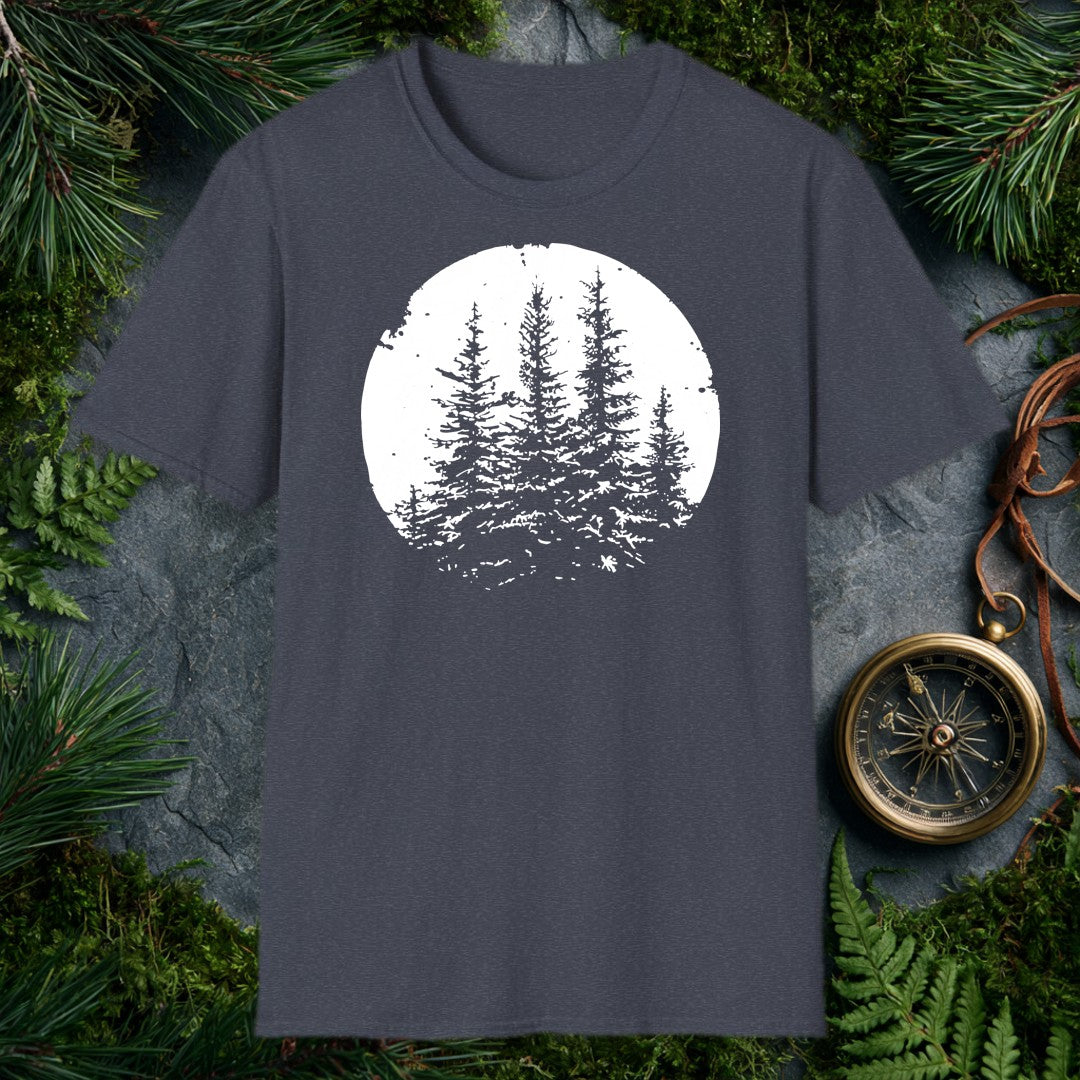 Three snow-laden spruce trees rise against a deep black sky, framed in a worn circular vignette — made for the person who knows what a cold, quiet forest…