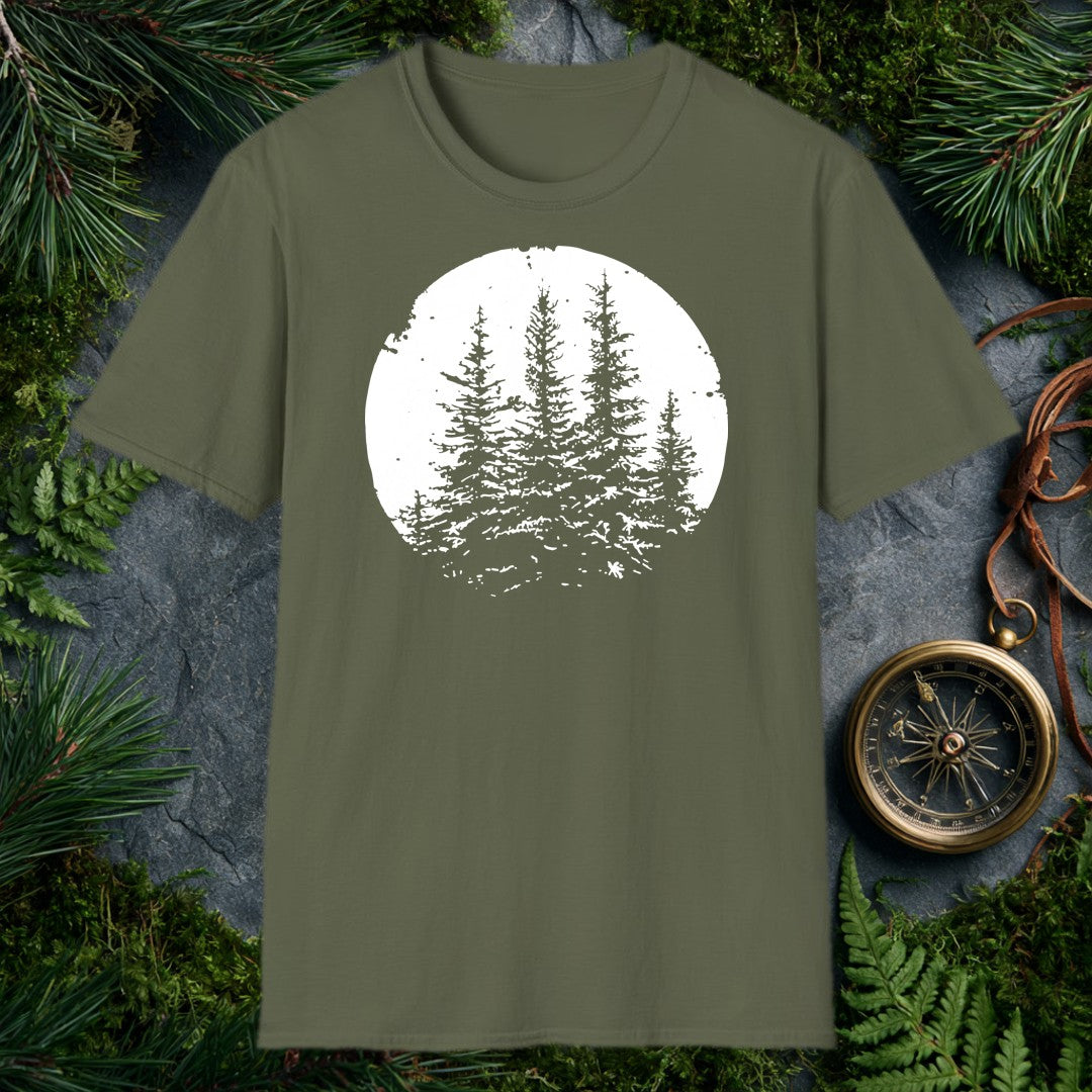 Three snow-laden spruce trees rise against a deep black sky, framed in a worn circular vignette — made for the person who knows what a cold, quiet forest…