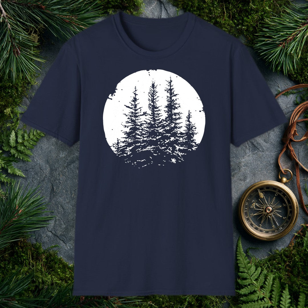 Three snow-laden spruce trees rise against a deep black sky, framed in a worn circular vignette — made for the person who knows what a cold, quiet forest…