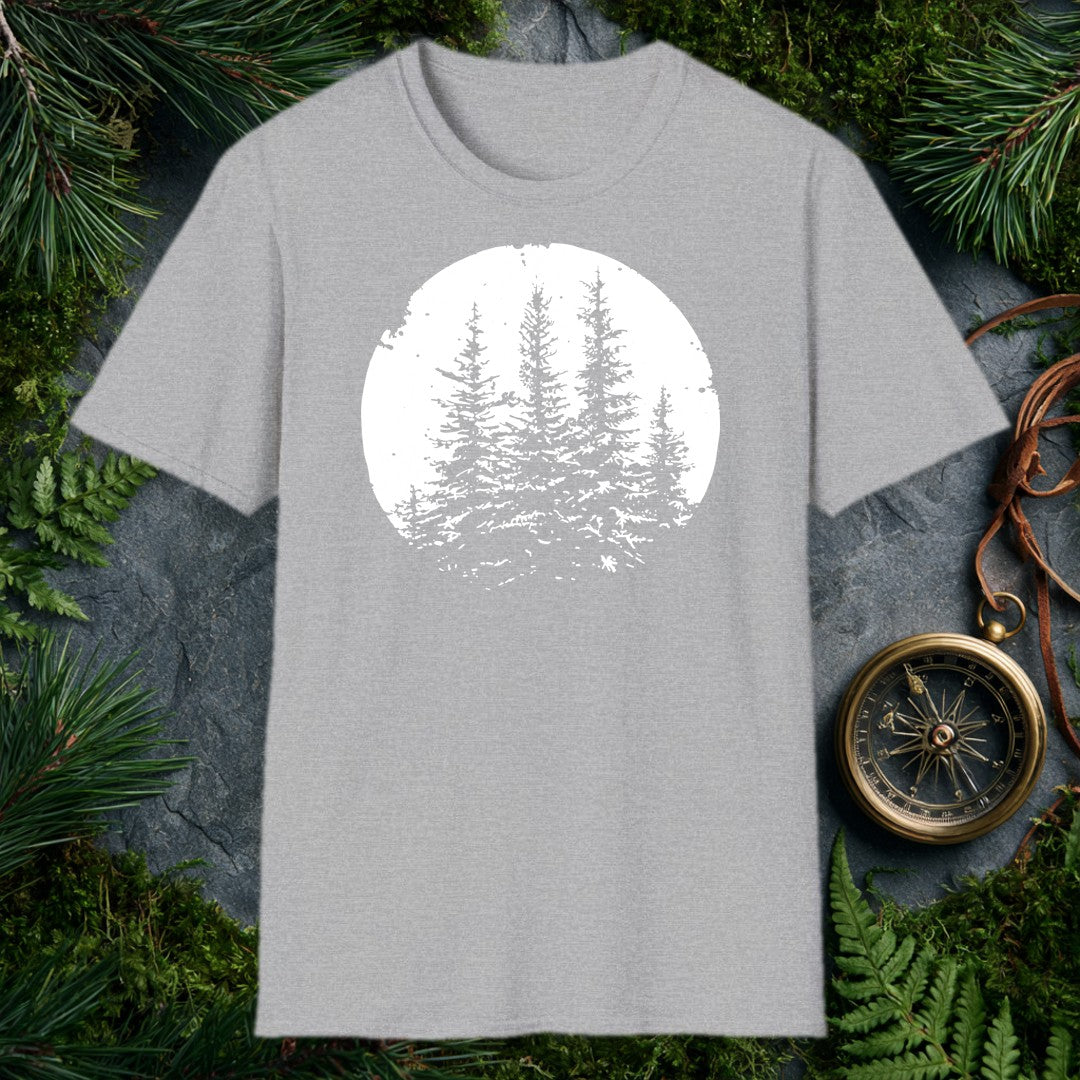 Three snow-laden spruce trees rise against a deep black sky, framed in a worn circular vignette — made for the person who knows what a cold, quiet forest…