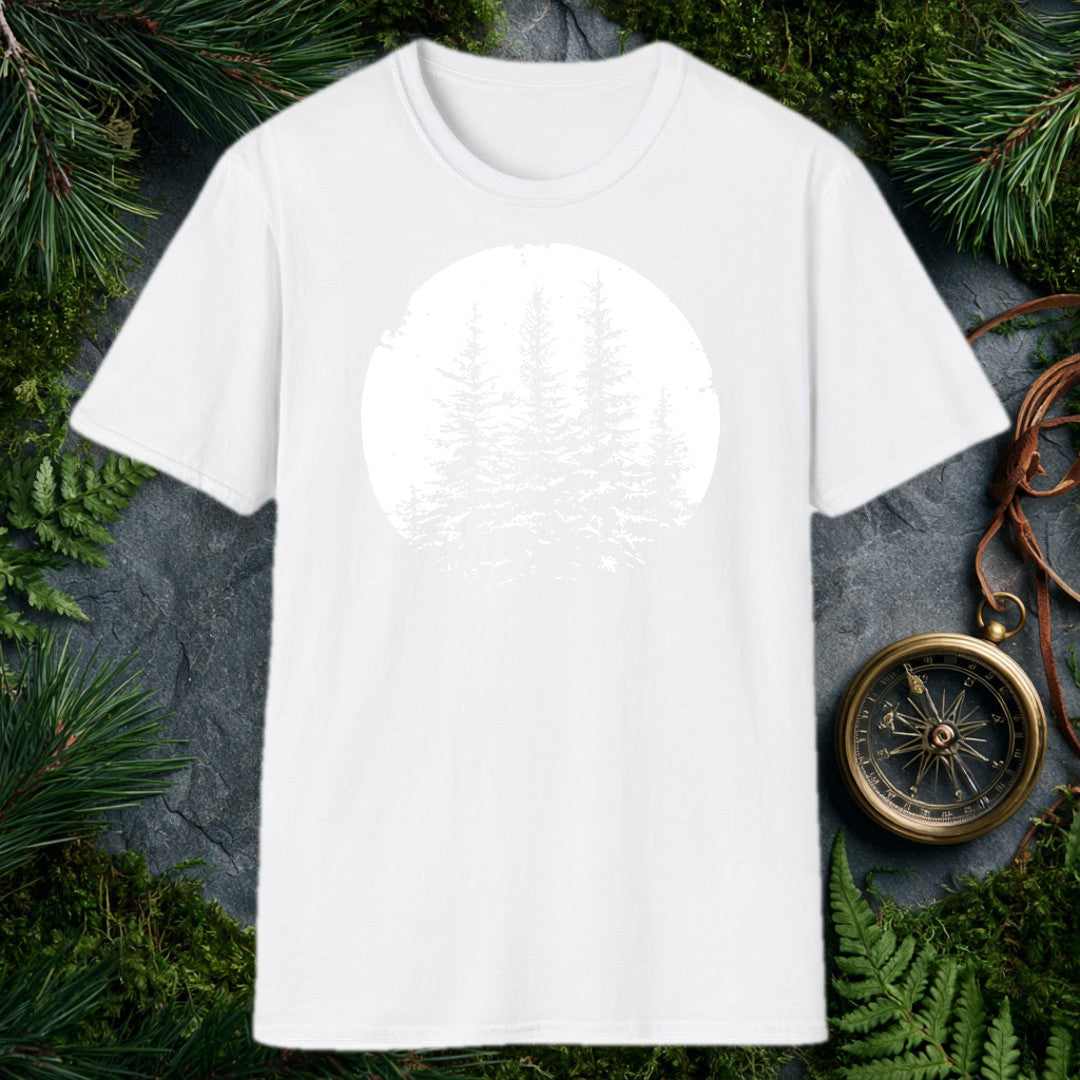 Three snow-laden spruce trees rise against a deep black sky, framed in a worn circular vignette — made for the person who knows what a cold, quiet forest…