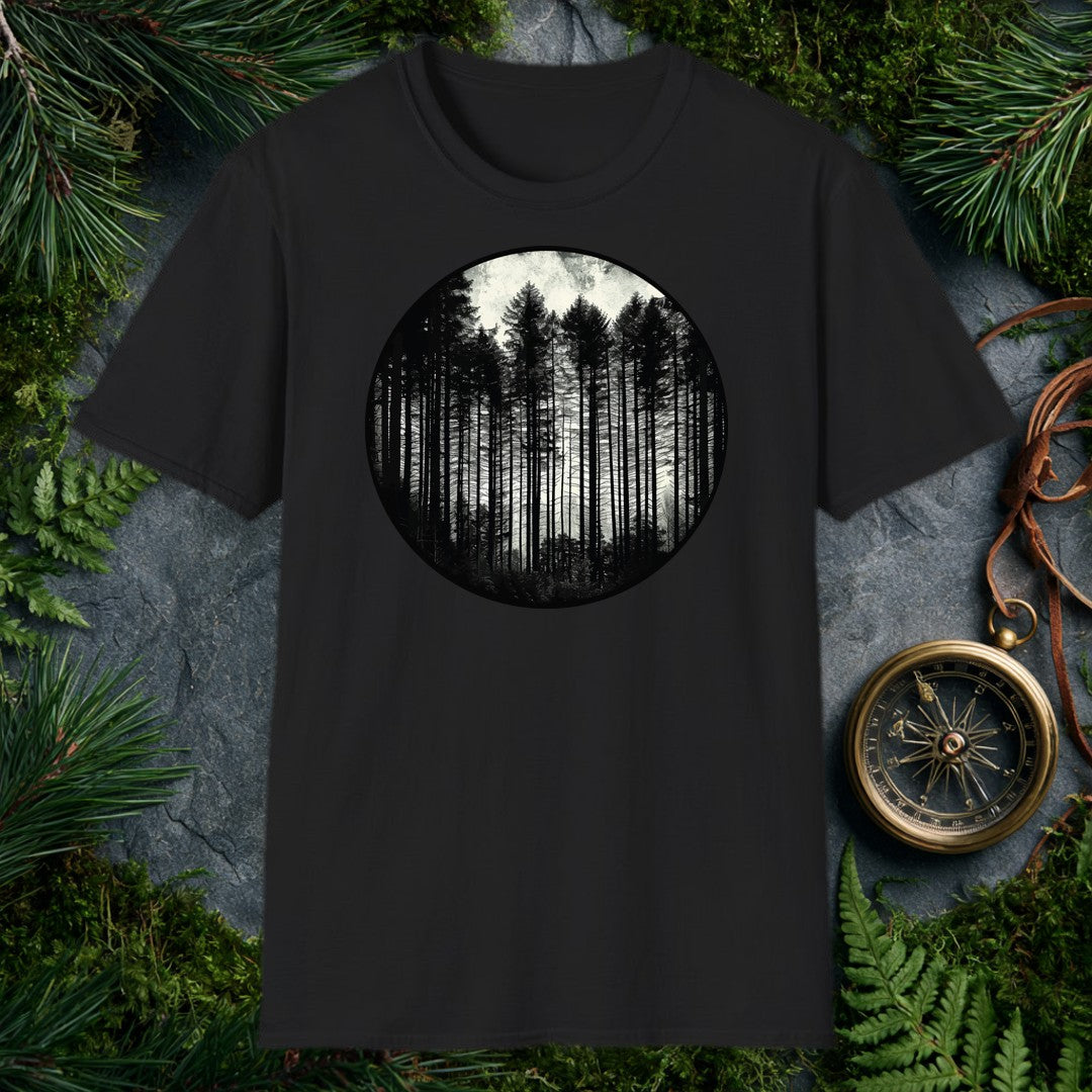 Tall conifers rise in silhouette against a pale, overcast sky, framed inside a bold circle — for the person who feels most at home when the trail disappears…