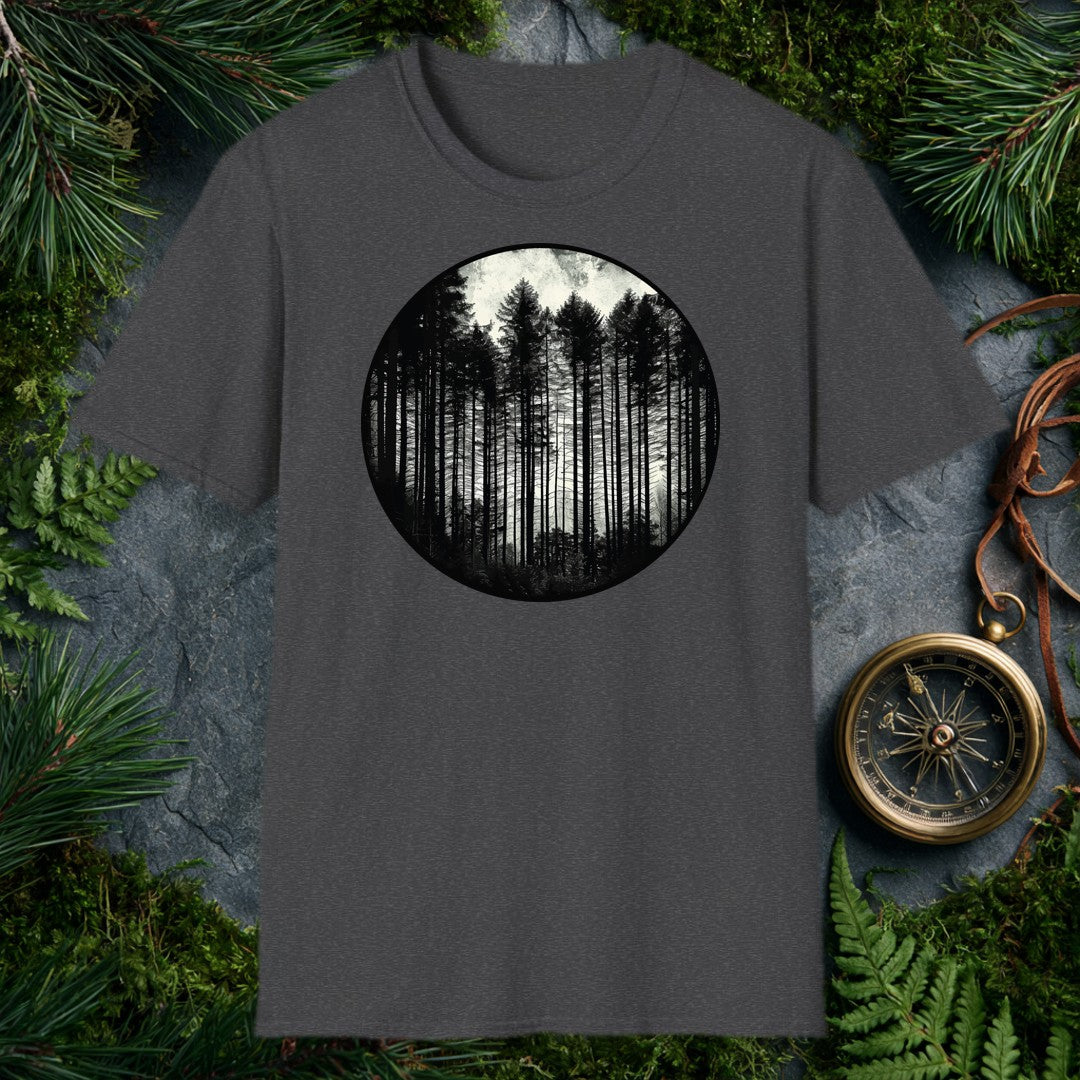 Tall conifers rise in silhouette against a pale, overcast sky, framed inside a bold circle — for the person who feels most at home when the trail disappears…