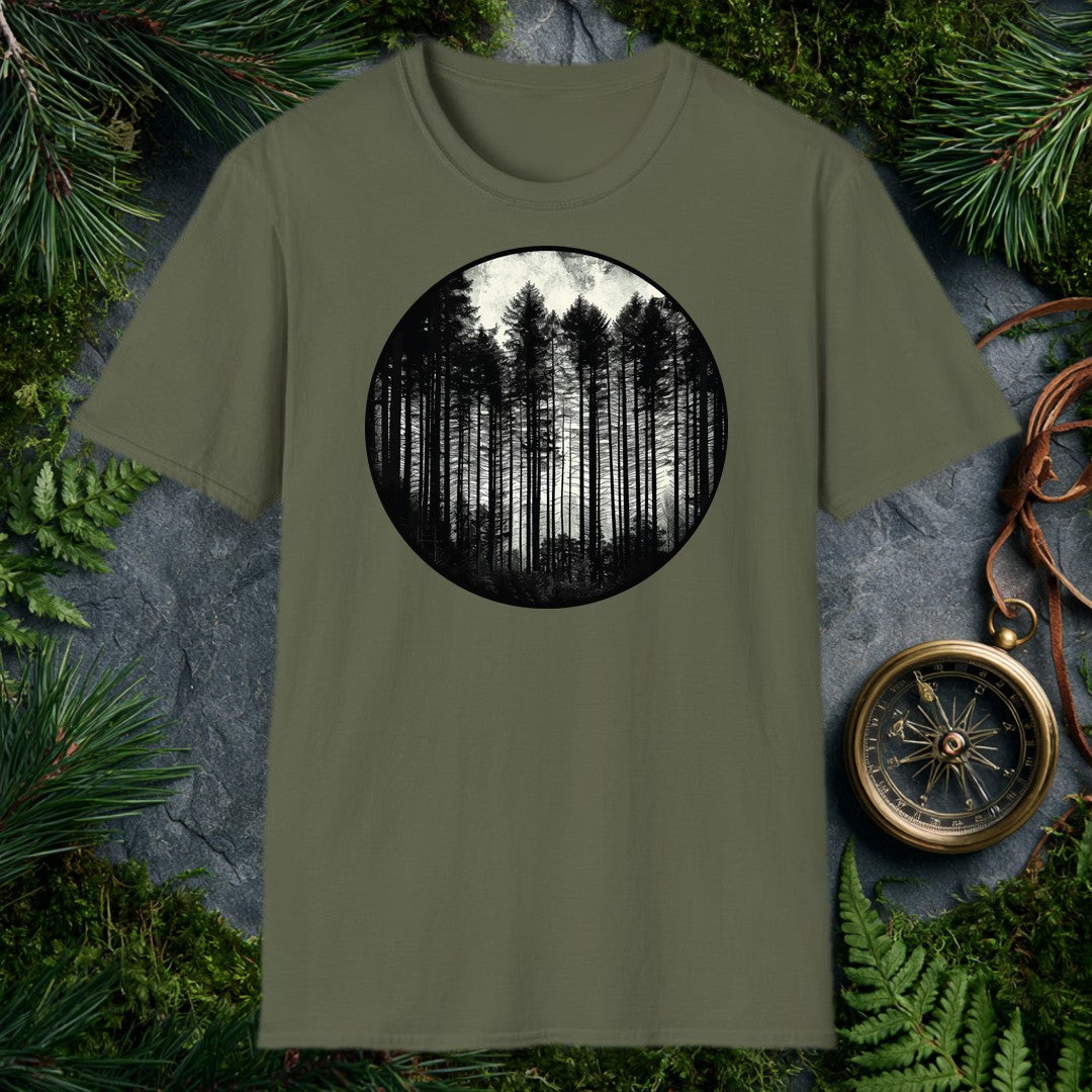 Tall conifers rise in silhouette against a pale, overcast sky, framed inside a bold circle — for the person who feels most at home when the trail disappears…