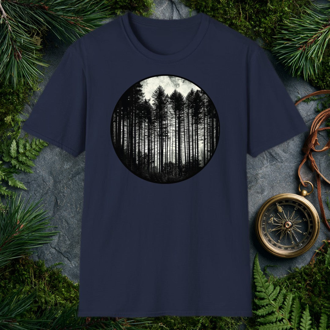 Tall conifers rise in silhouette against a pale, overcast sky, framed inside a bold circle — for the person who feels most at home when the trail disappears…