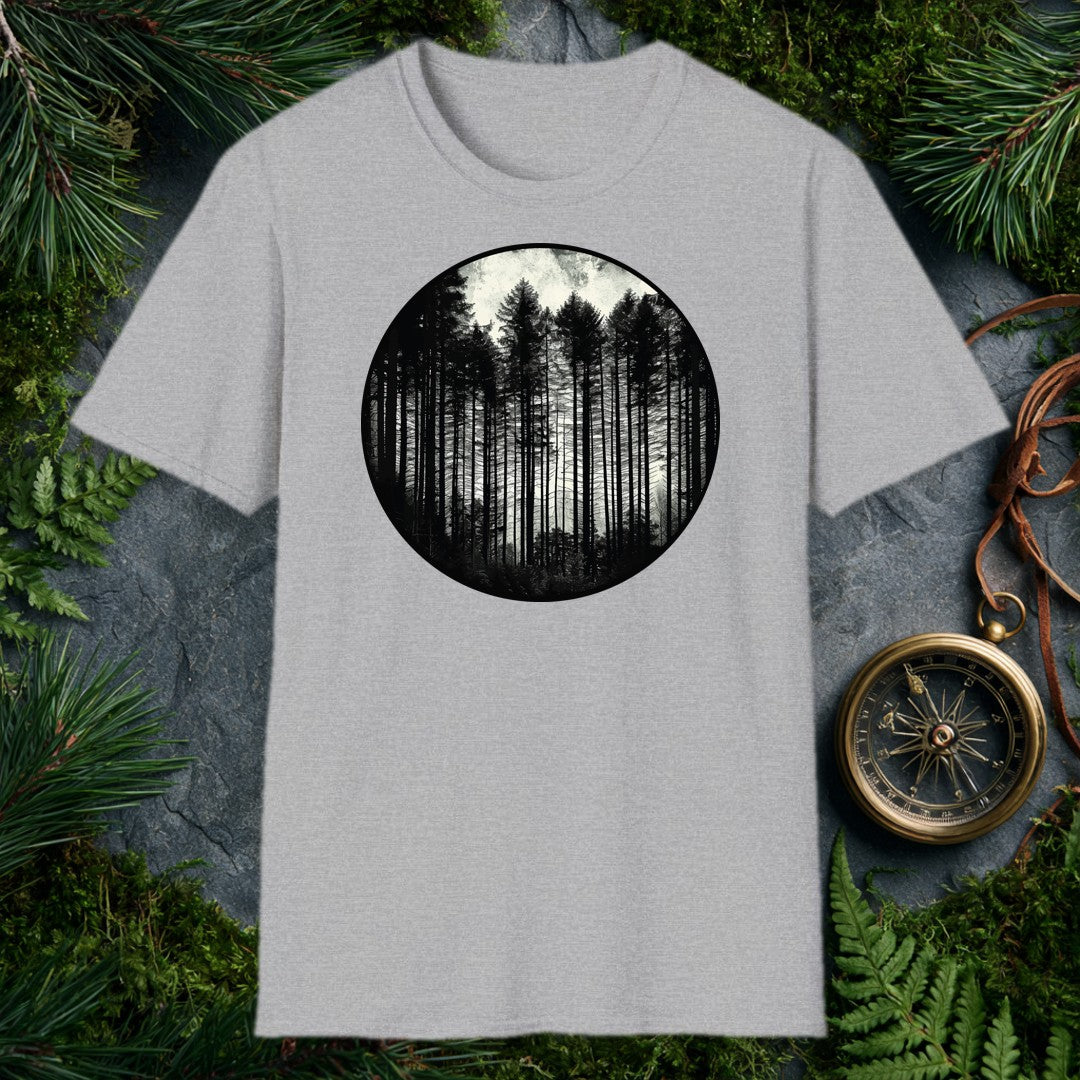 Tall conifers rise in silhouette against a pale, overcast sky, framed inside a bold circle — for the person who feels most at home when the trail disappears…