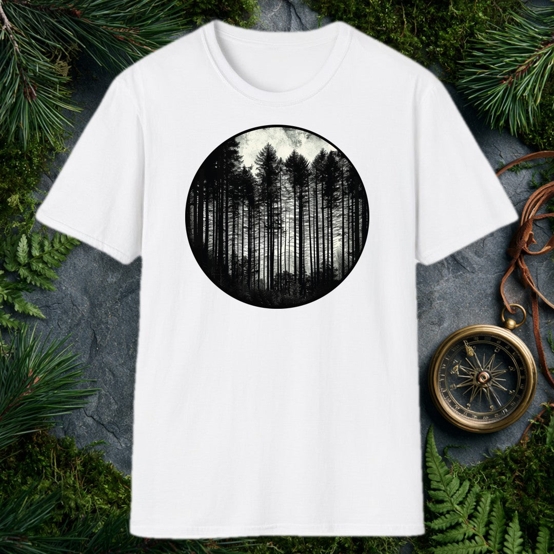Tall conifers rise in silhouette against a pale, overcast sky, framed inside a bold circle — for the person who feels most at home when the trail disappears…