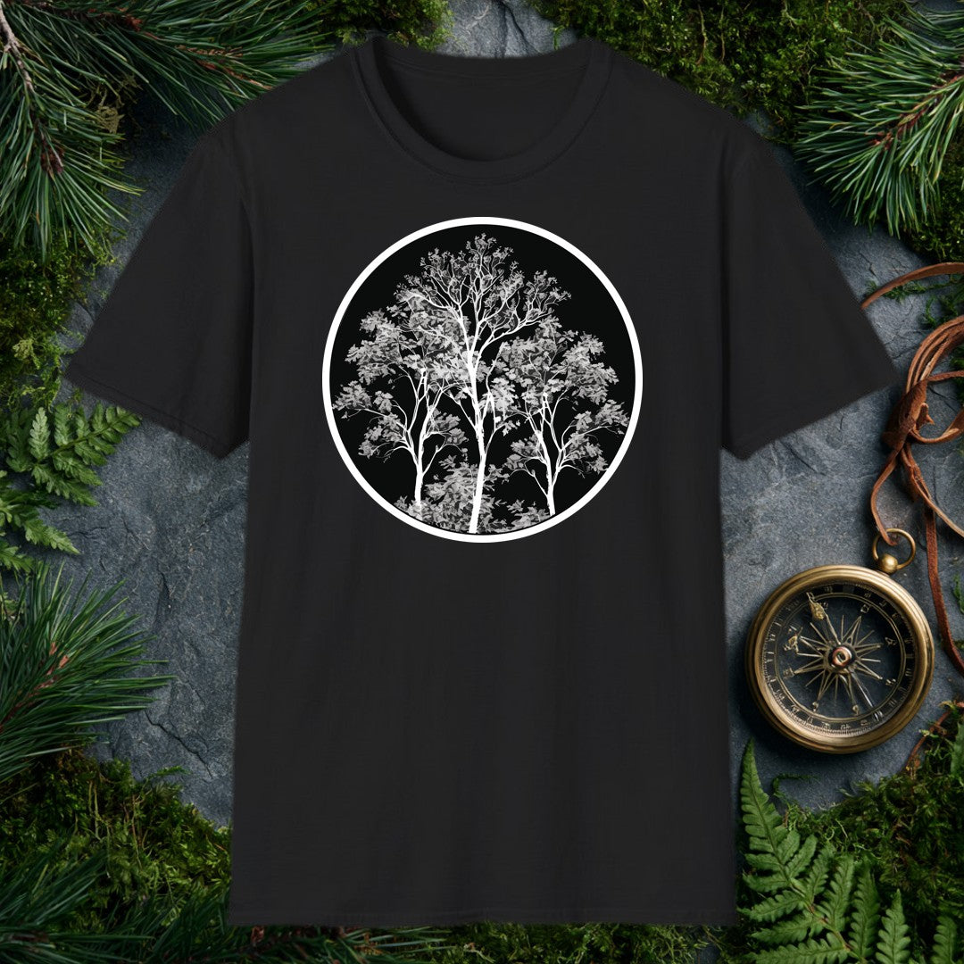 three white-branched deciduous trees rising from a dense grey canopy inside a black circle, high-contrast monochrome