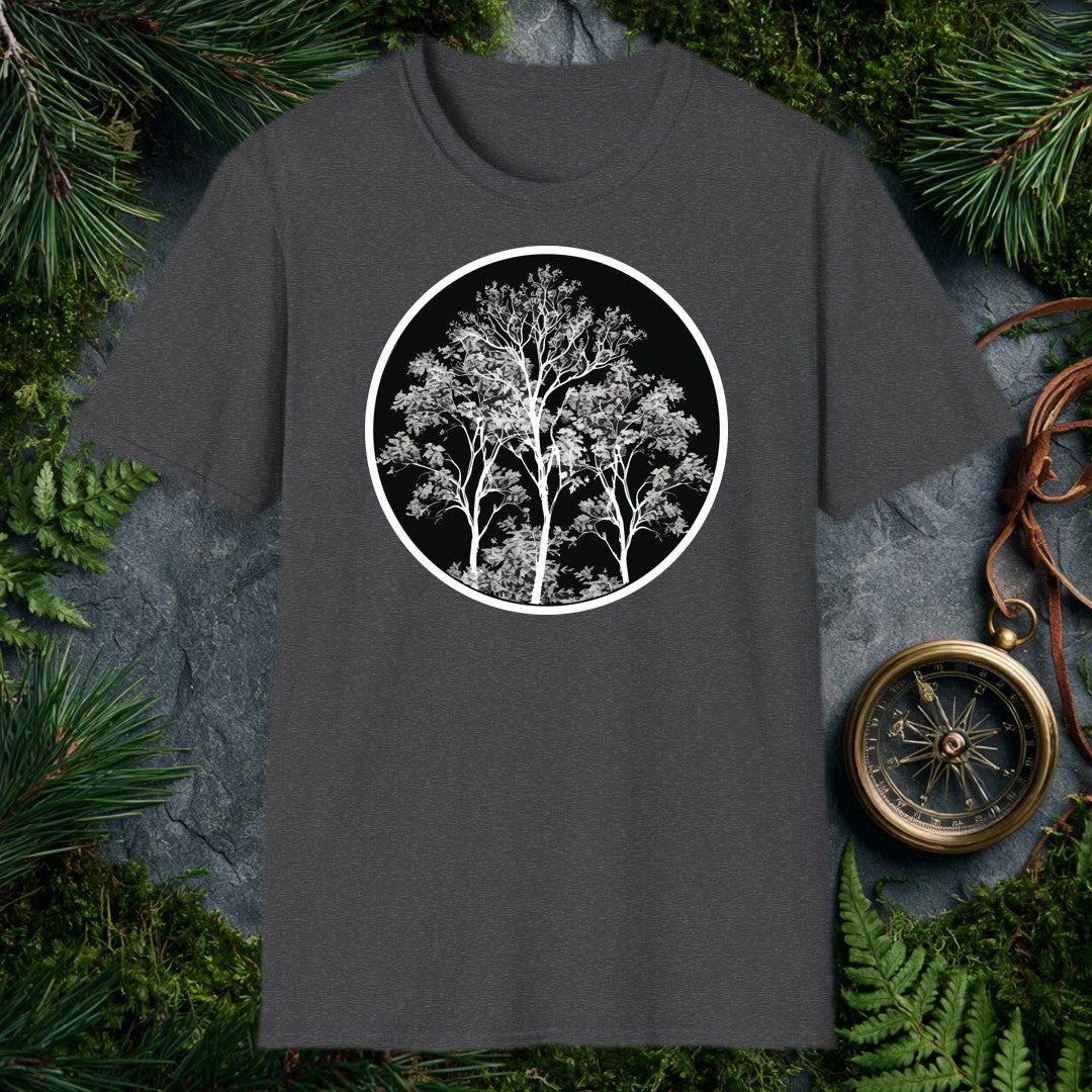 three white-branched deciduous trees rising from a dense grey canopy inside a black circle, high-contrast monochrome