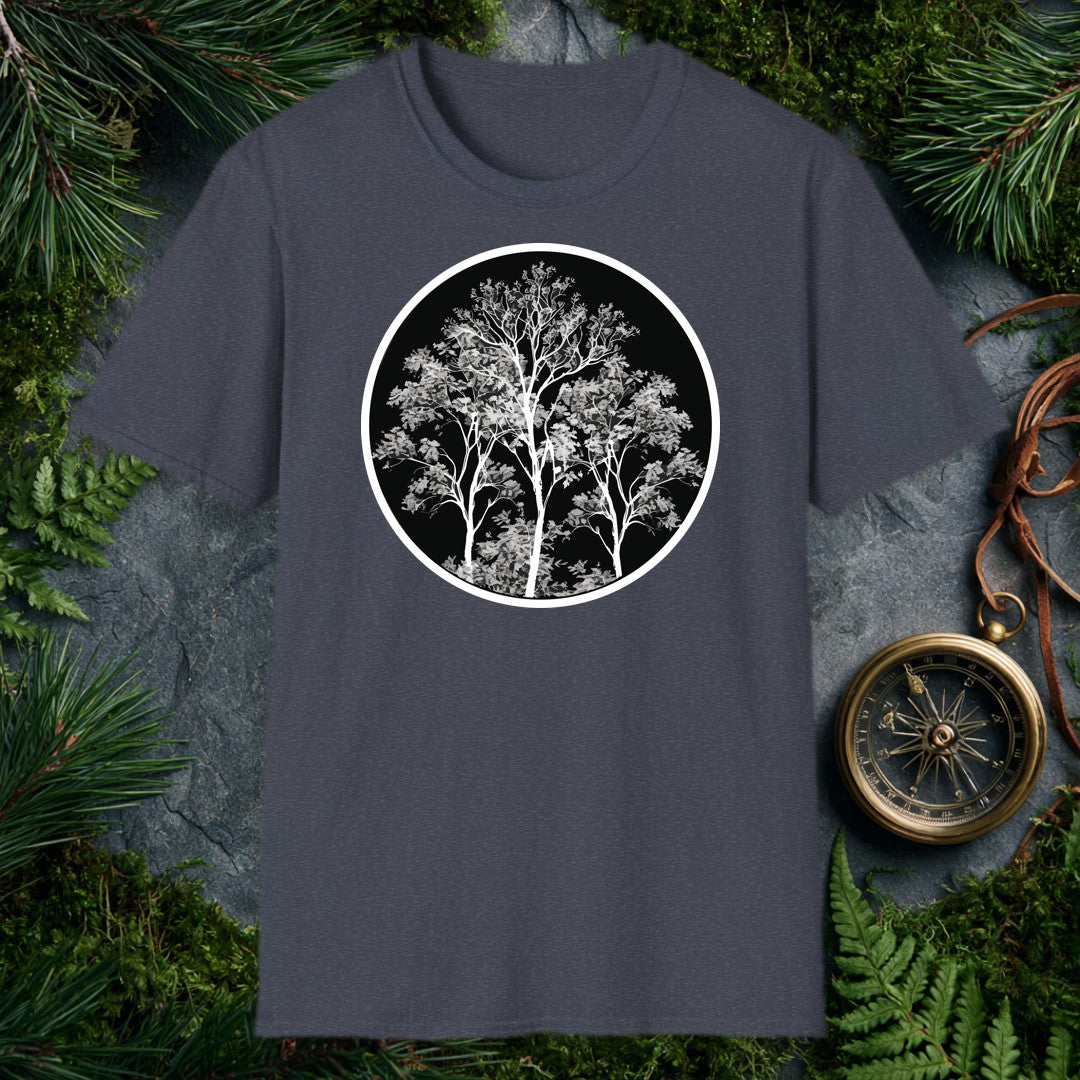 three white-branched deciduous trees rising from a dense grey canopy inside a black circle, high-contrast monochrome
