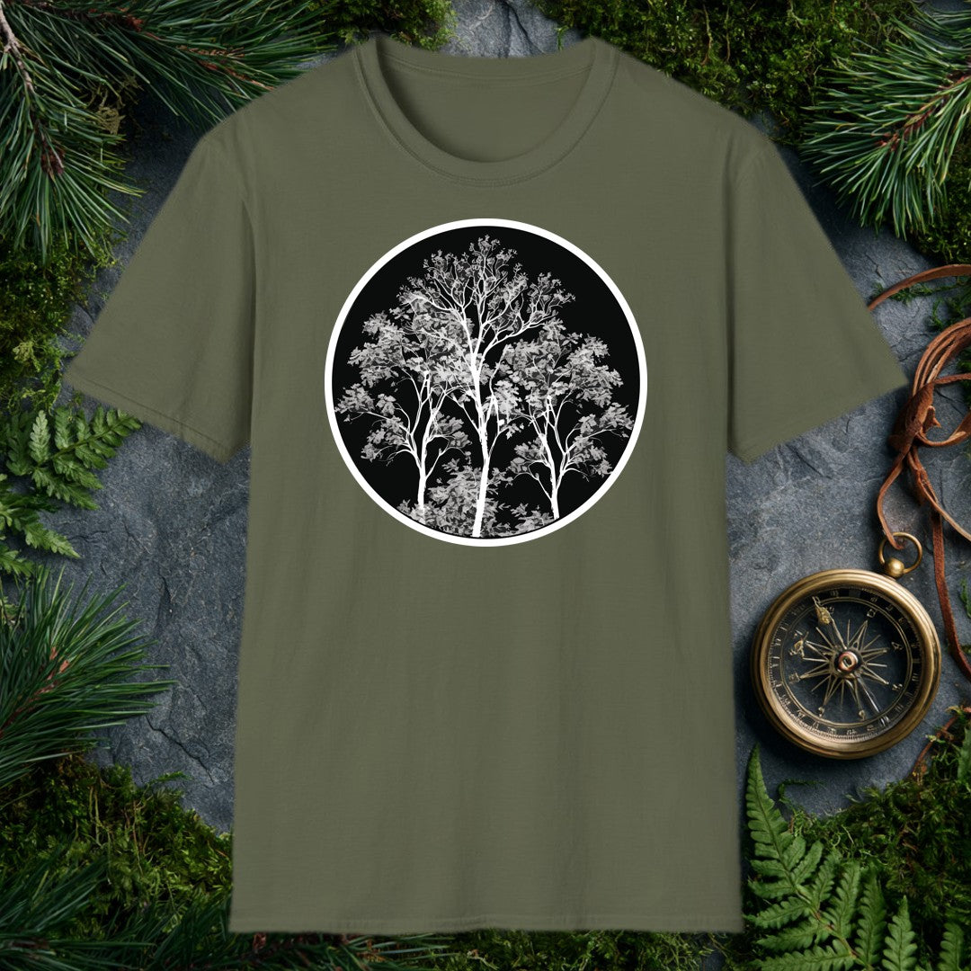 three white-branched deciduous trees rising from a dense grey canopy inside a black circle, high-contrast monochrome