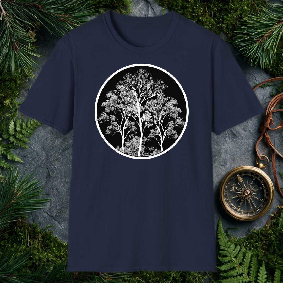 three white-branched deciduous trees rising from a dense grey canopy inside a black circle, high-contrast monochrome