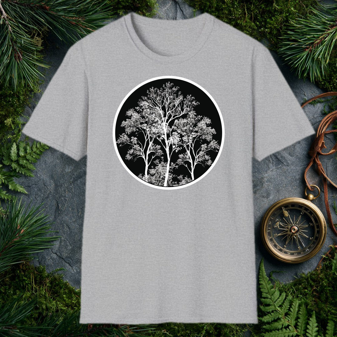 three white-branched deciduous trees rising from a dense grey canopy inside a black circle, high-contrast monochrome