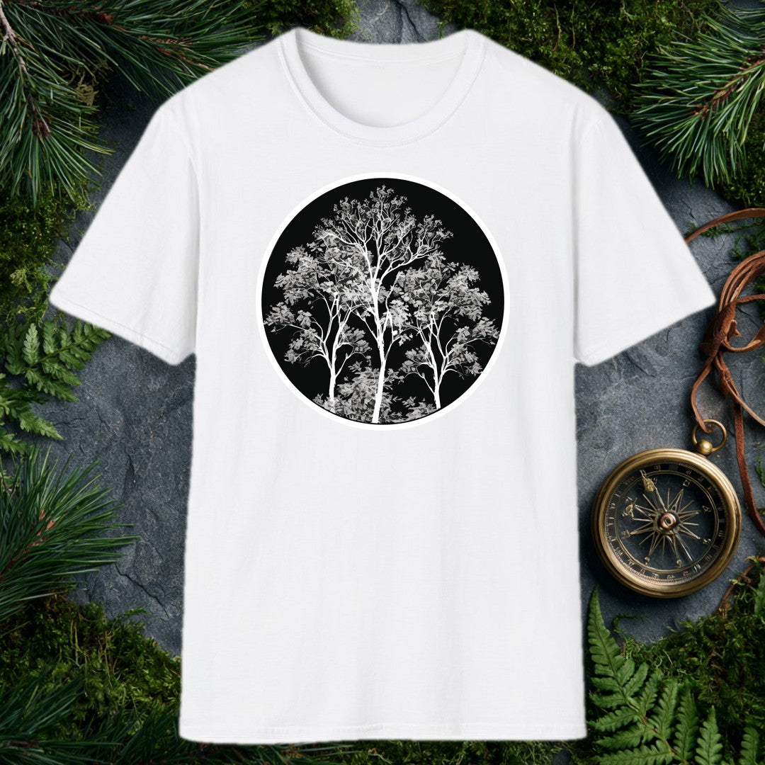 three white-branched deciduous trees rising from a dense grey canopy inside a black circle, high-contrast monochrome