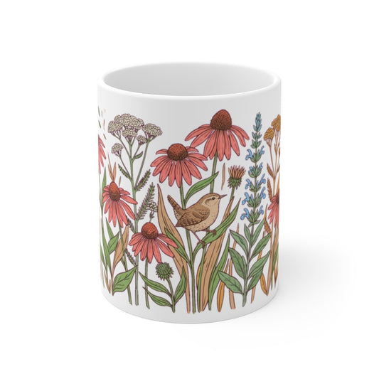 Pink coneflowers, white and gold yarrow, lavender spikes, and a small wren perched mid-meadow — drawn like a field journal page come to life. For the…