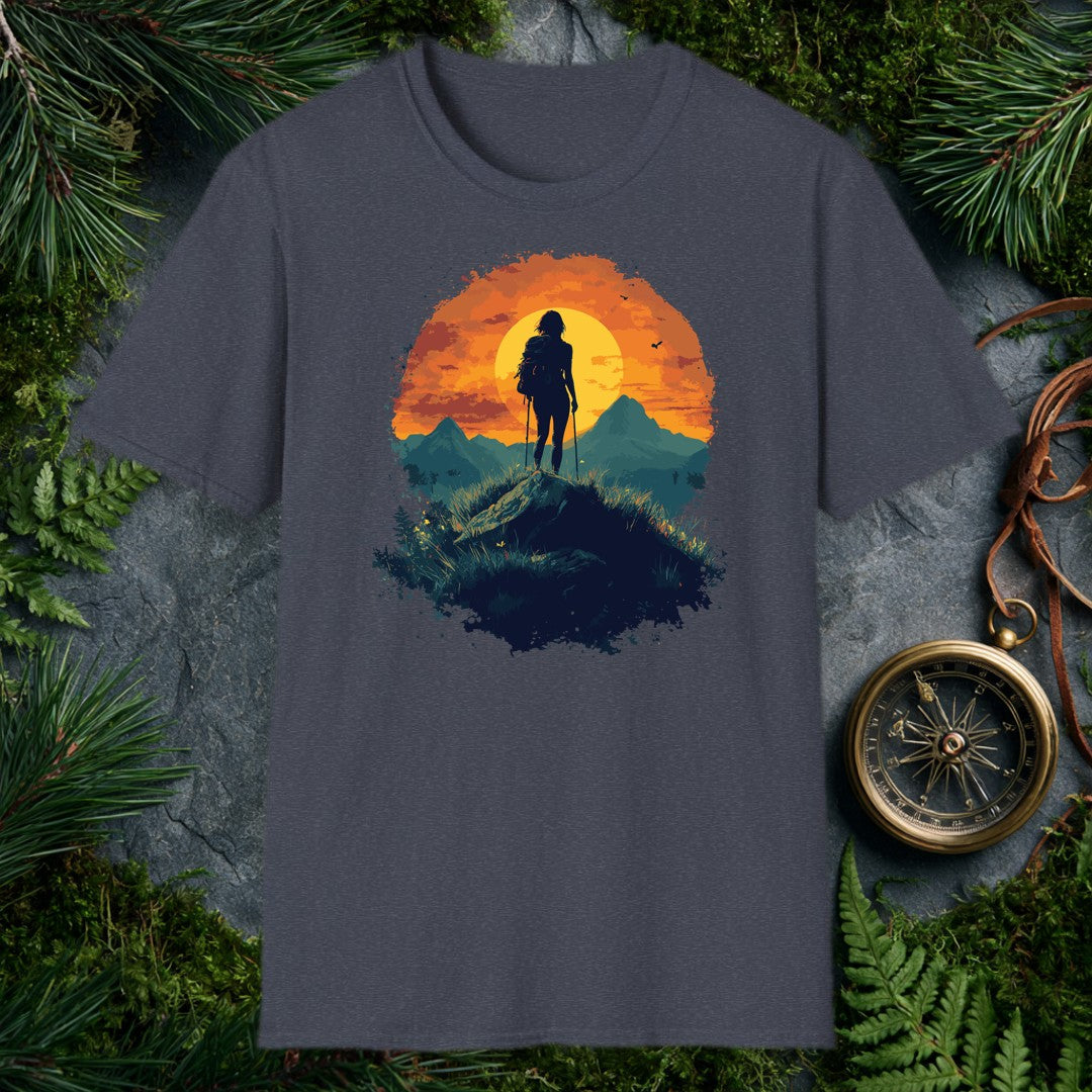 female hiker silhouette with trekking poles and backpack against a large orange sunset circle, teal mountain ridgeline b