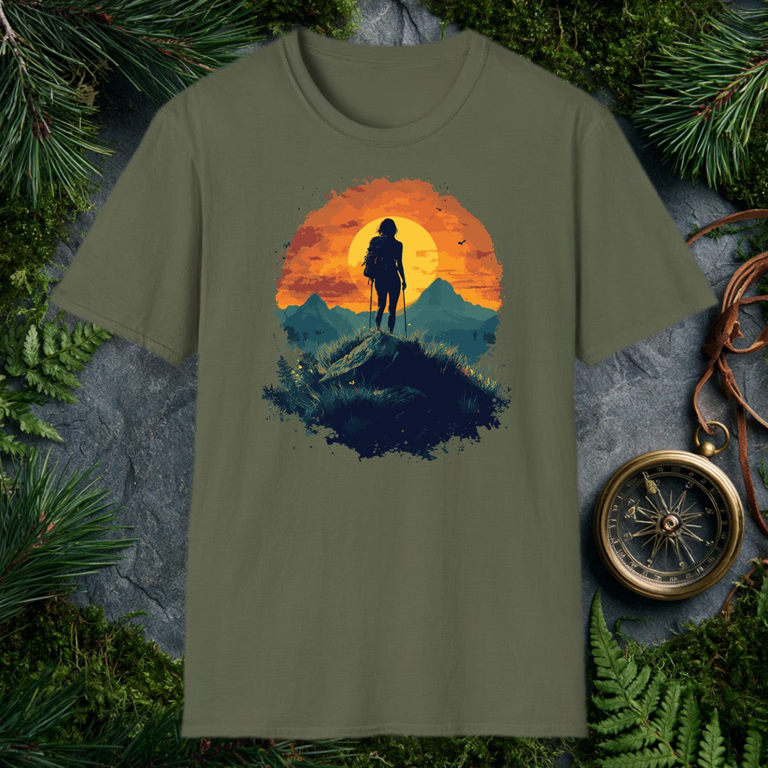 female hiker silhouette with trekking poles and backpack against a large orange sunset circle, teal mountain ridgeline b
