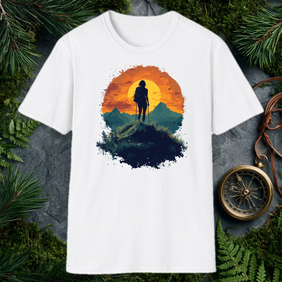 female hiker silhouette with trekking poles and backpack against a large orange sunset circle, teal mountain ridgeline b