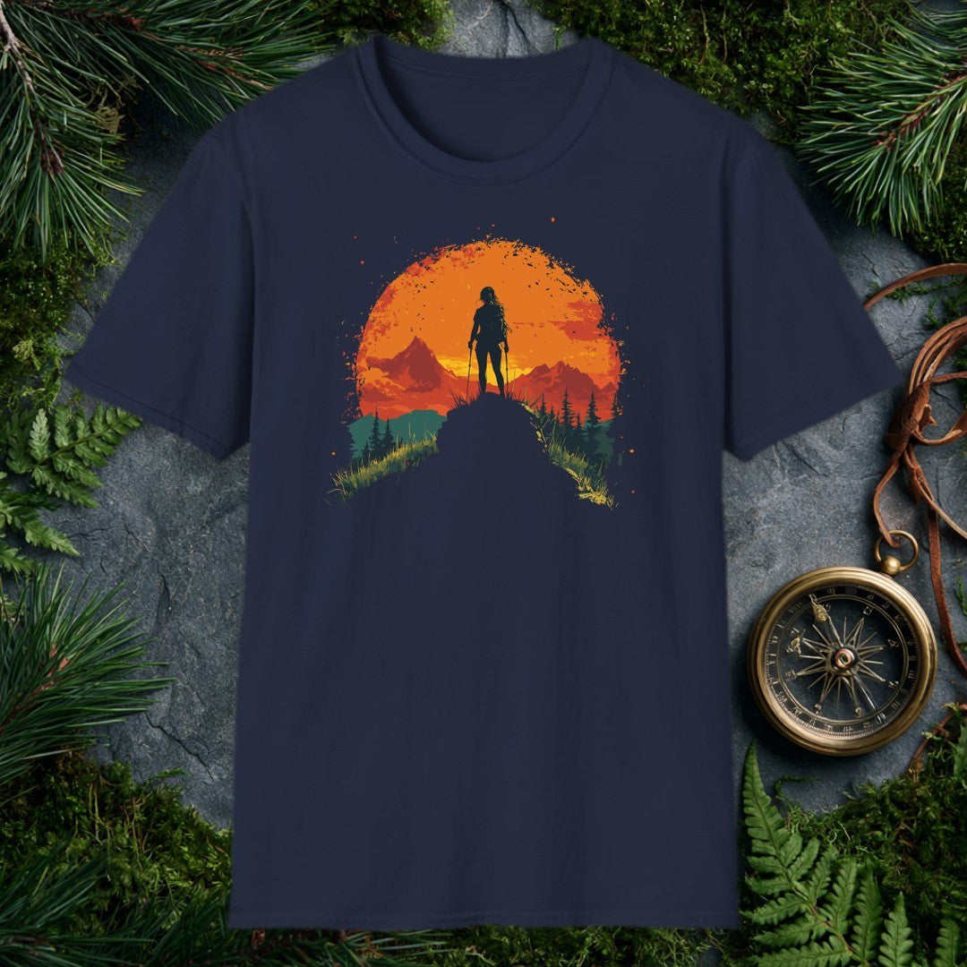 female hiker silhouette with trekking poles against a large orange sun, mountain ridges and pine trees in warm red and t