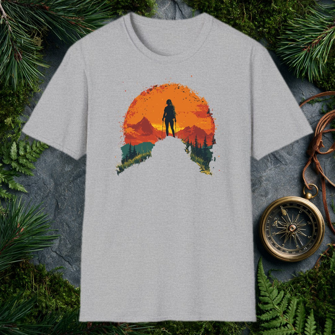 female hiker silhouette with trekking poles against a large orange sun, mountain ridges and pine trees in warm red and t