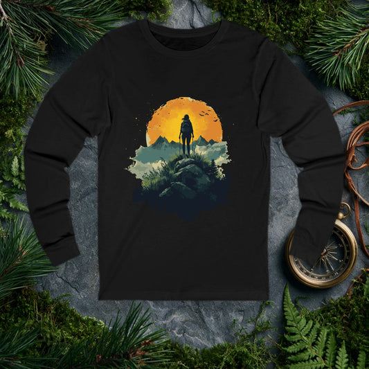 A lone woman crests a rocky ridgeline at sunset, trekking poles in hand, silhouetted against a wide amber sun while birds lift off above the peaks — drawn for…