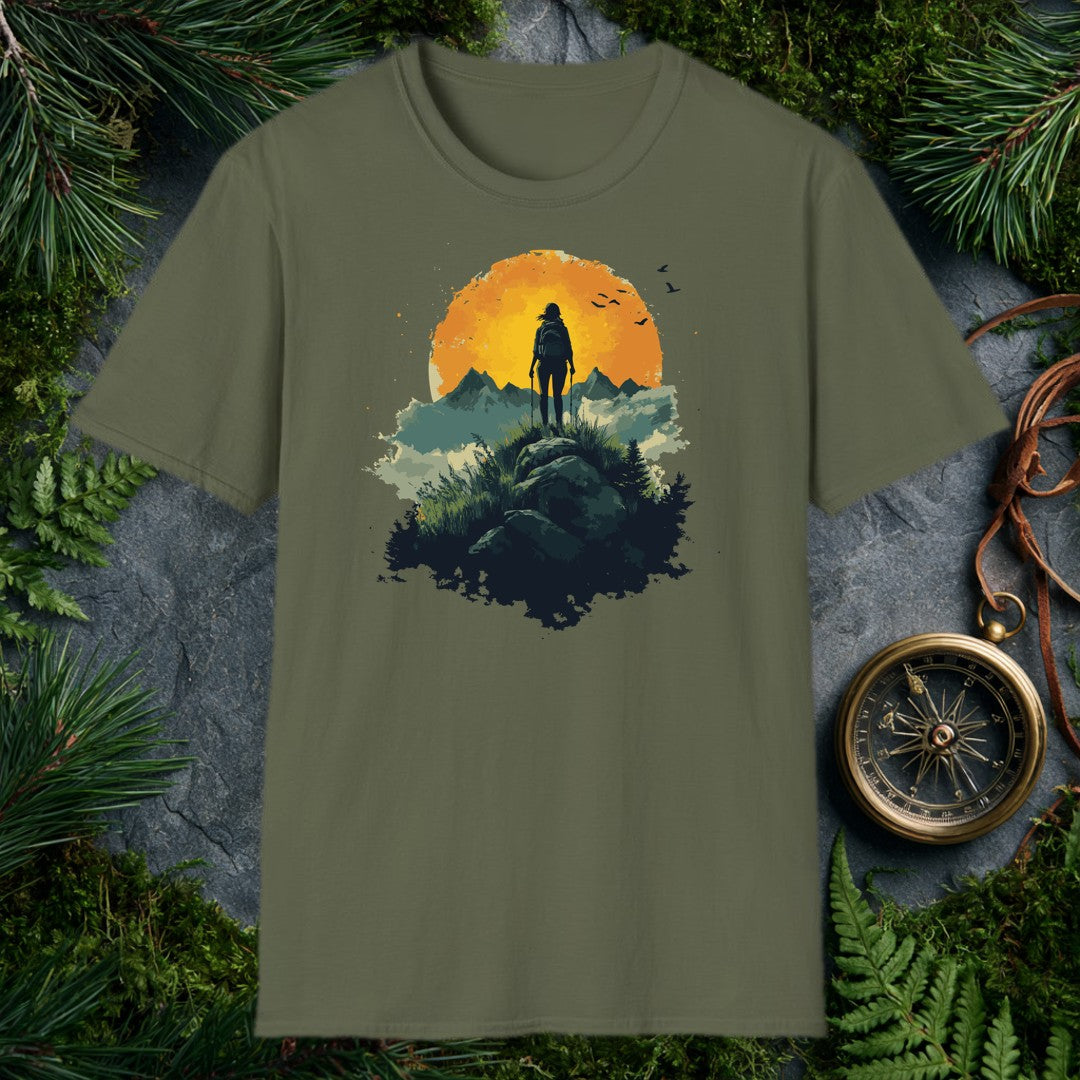 woman hiker silhouette with trekking poles atop a rocky ridge, large amber sun and mountain peaks behind her, birds in f