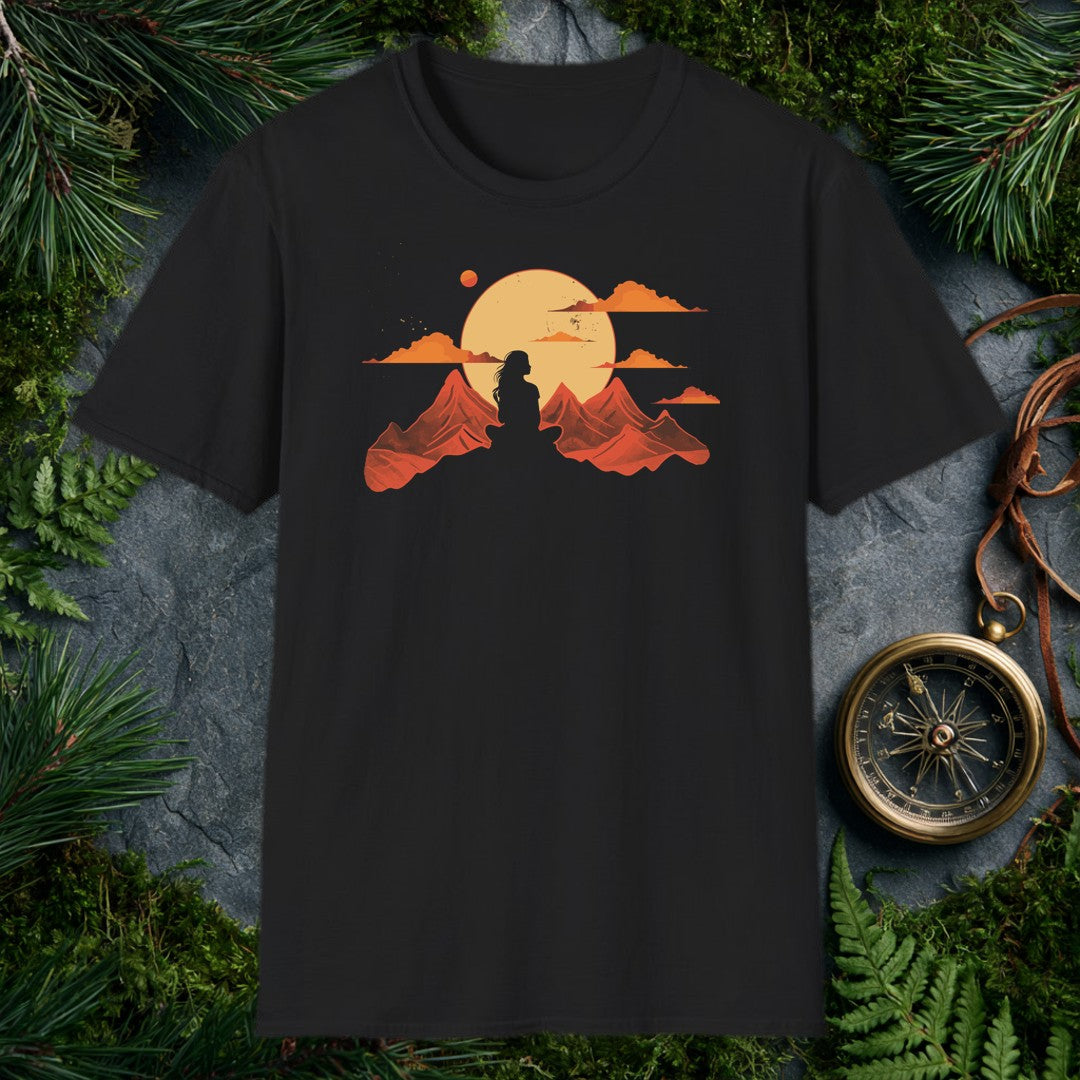 A woman's silhouette stands between red rock peaks beneath a wide amber sun — the feeling of finally cresting a ridge and having the whole horizon to yourself.…