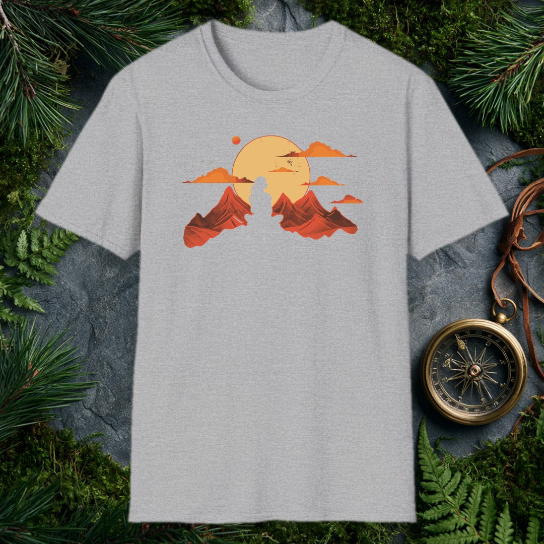 A woman's silhouette stands between red rock peaks beneath a wide amber sun — the feeling of finally cresting a ridge and having the whole horizon to yourself.…