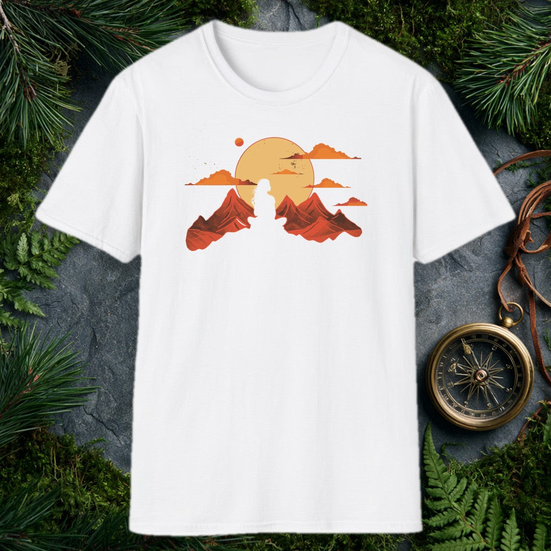 A woman's silhouette stands between red rock peaks beneath a wide amber sun — the feeling of finally cresting a ridge and having the whole horizon to yourself.…