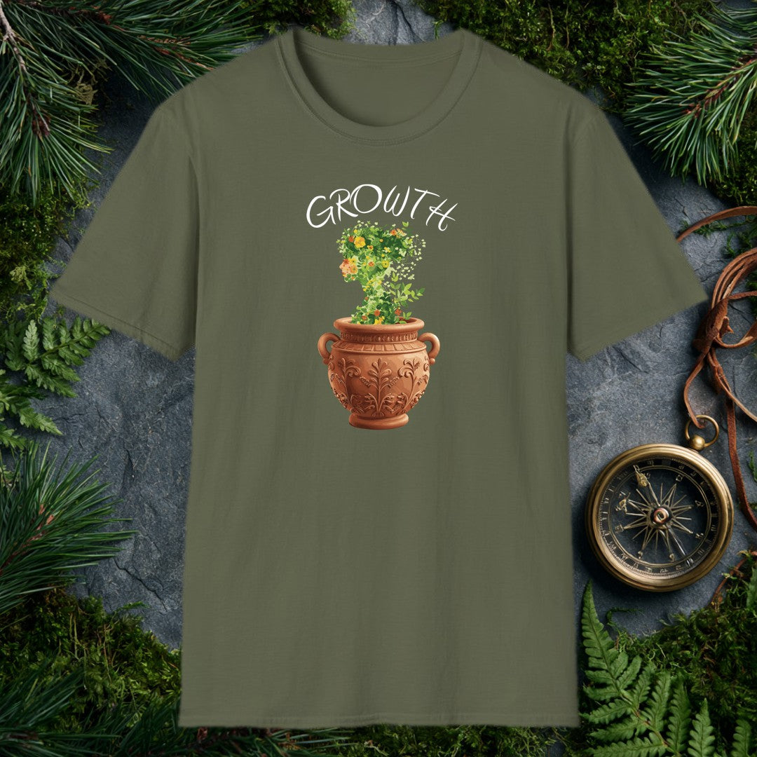 A woman's silhouette grows upward from an ornate terra cotta urn, her form made entirely of green vines, marigolds, and orange-red blooms — made for the…