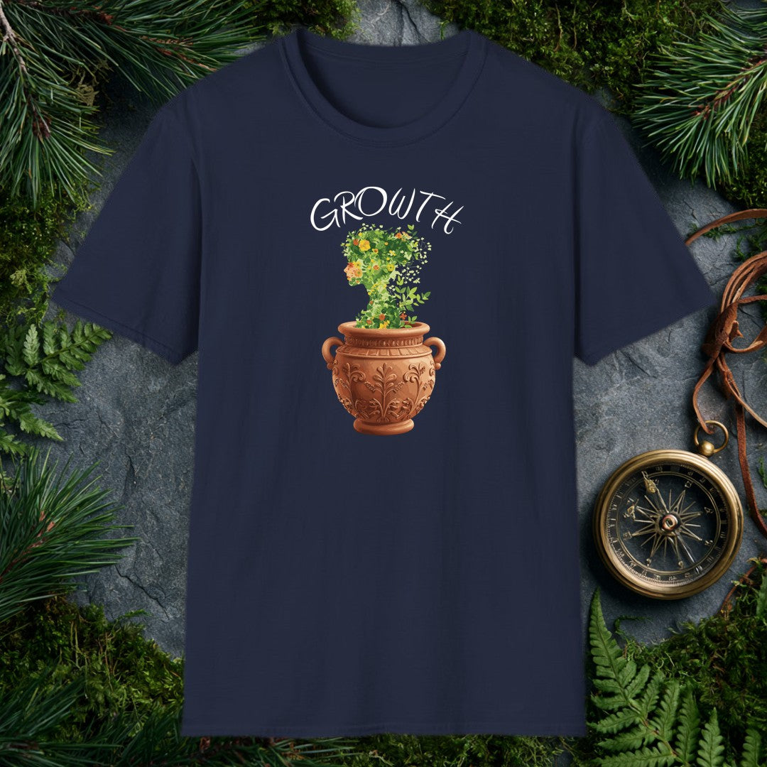 A woman's silhouette grows upward from an ornate terra cotta urn, her form made entirely of green vines, marigolds, and orange-red blooms — made for the…