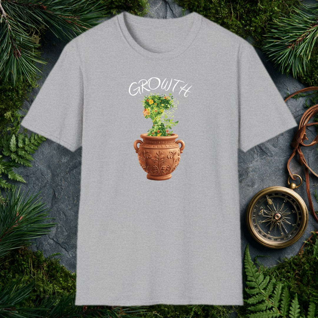 A woman's silhouette grows upward from an ornate terra cotta urn, her form made entirely of green vines, marigolds, and orange-red blooms — made for the…
