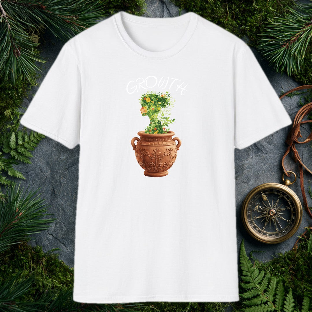 A woman's silhouette grows upward from an ornate terra cotta urn, her form made entirely of green vines, marigolds, and orange-red blooms — made for the…