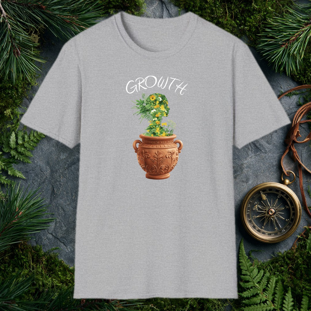 A woman's profile blooms from an ornate terracotta urn, her silhouette filled with yellow daisies, sunflowers, and cascading green foliage — a quietly stunning…